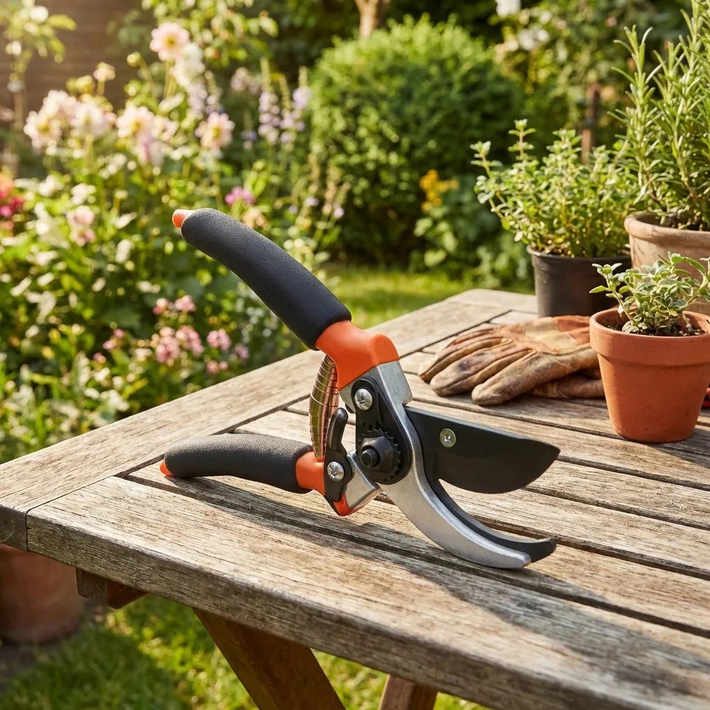 Garden pruners with orange handle and black grips on wooden tabletop