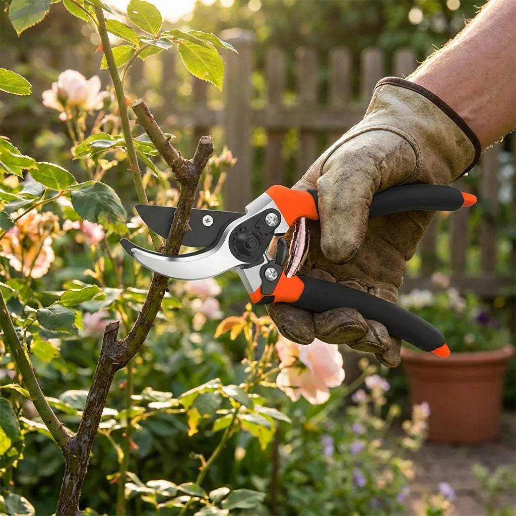 Garden pruners held in gloved hand, orange handle and black grips, silver blade