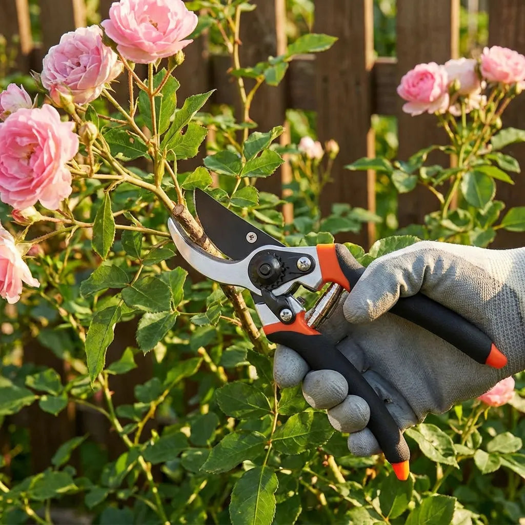 Garden pruners with orange handles and black grips, silver curved blade