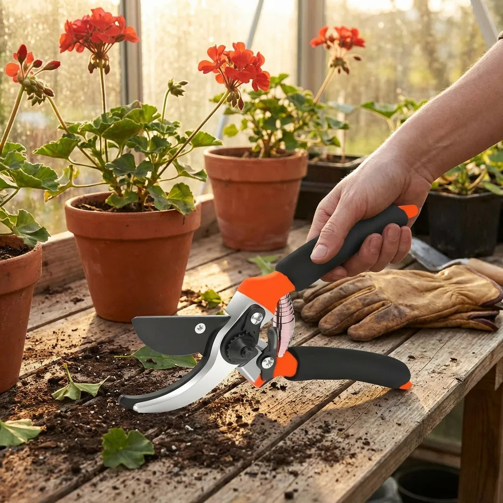 Garden pruners on wooden bench with orange-and-black handles and curved silver blade