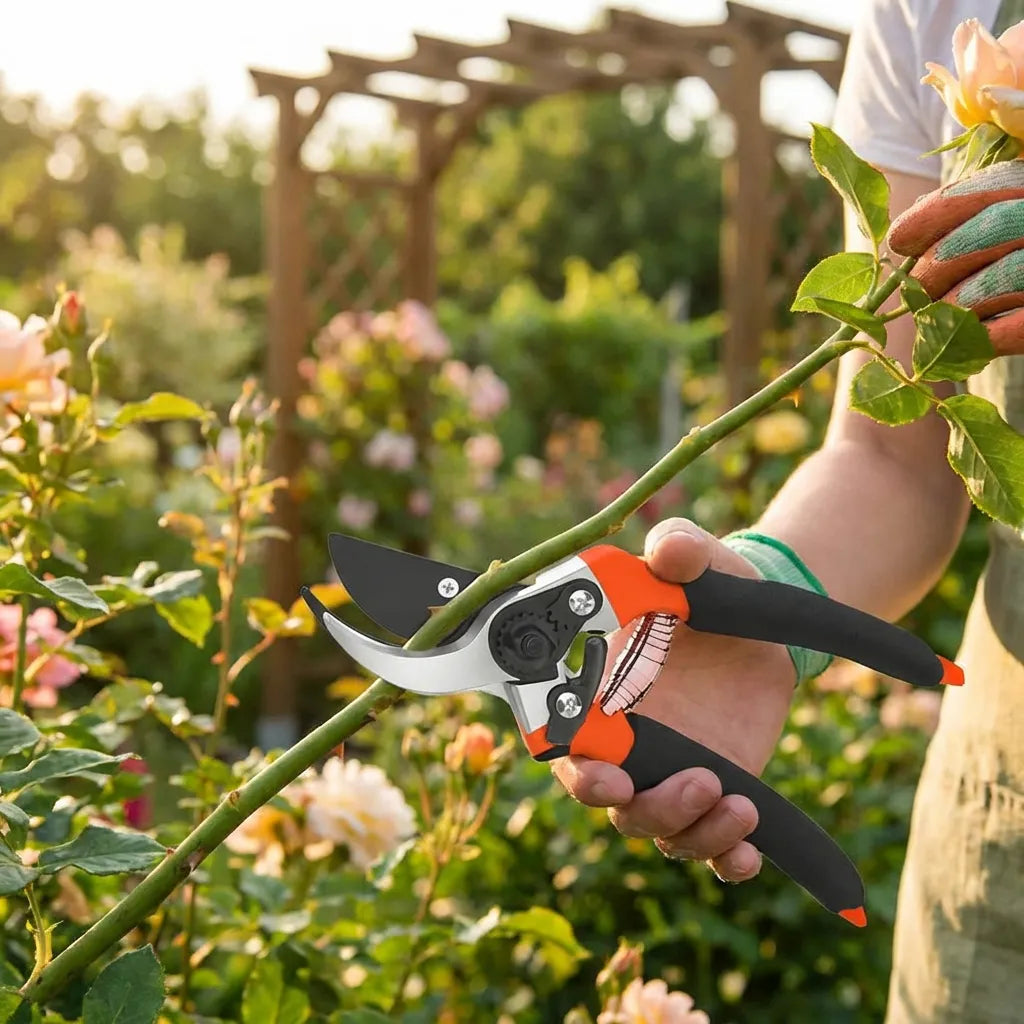 Garden pruners with orange latch and black handles, silver cutting blade on stem