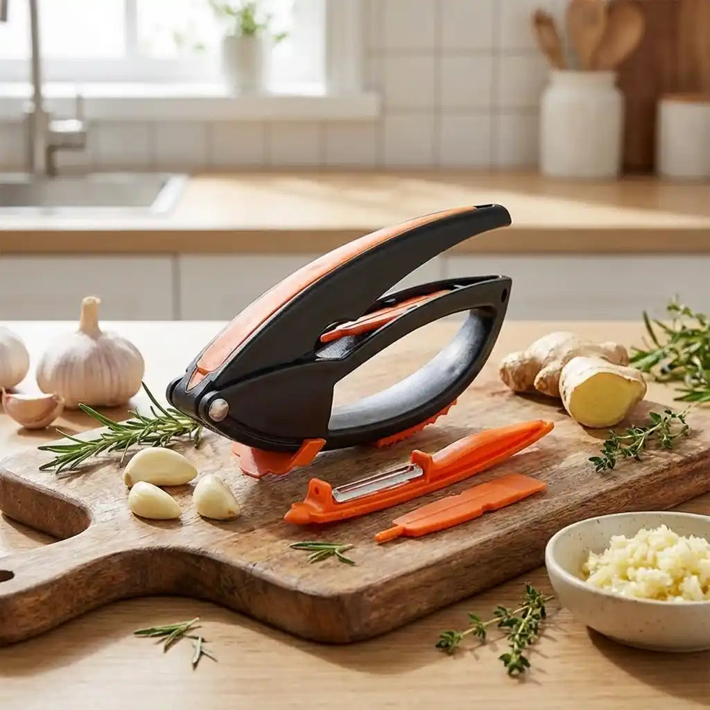 Garlic crushing tool with black body and orange blades on wooden board with garlic