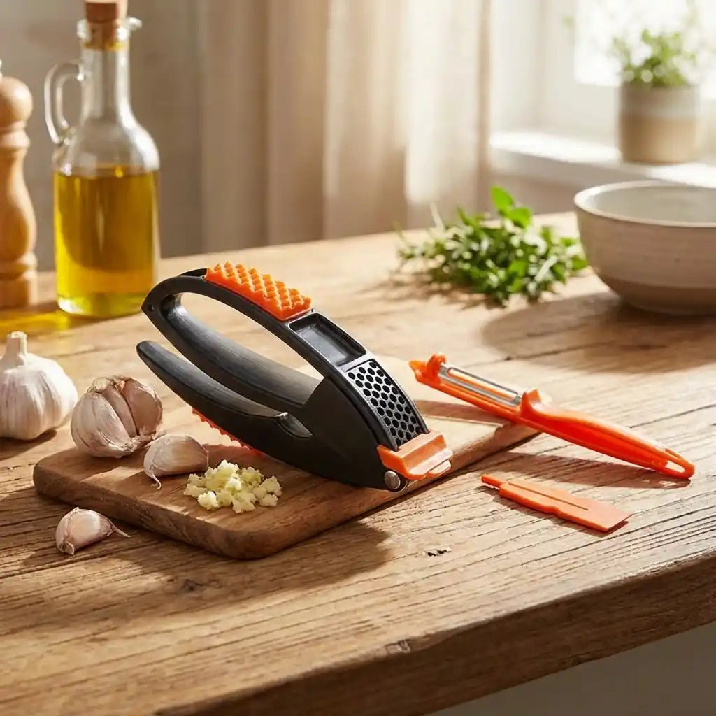 Garlic crushing tool resting on wooden board with garlic pieces and orange scrapers
