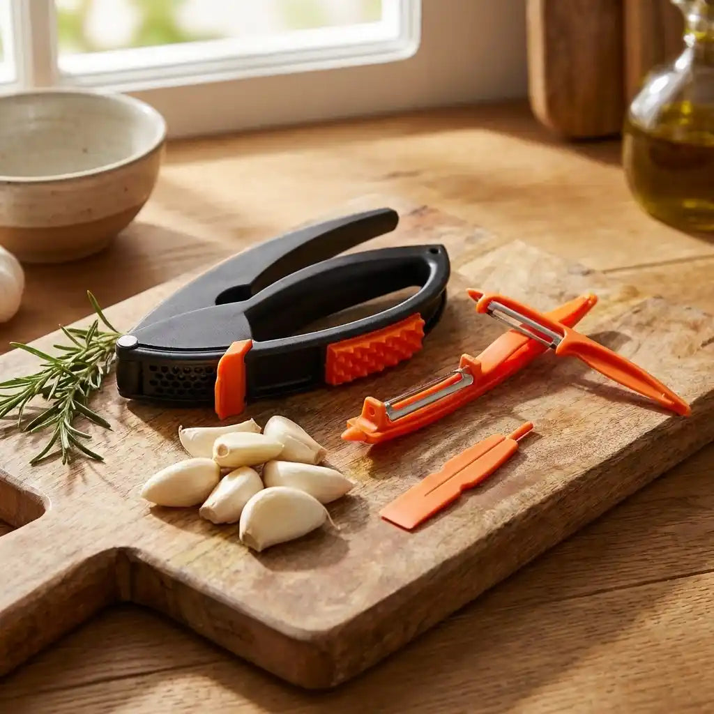 Garlic crushing tool with orange accents and black handles on wooden cutting board