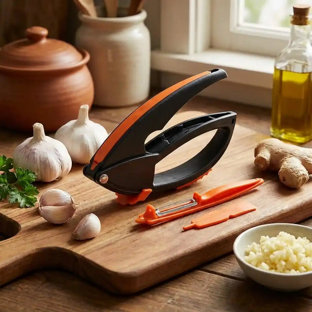 Garlic crushing tool with black body and orange base near garlic cloves on wooden board