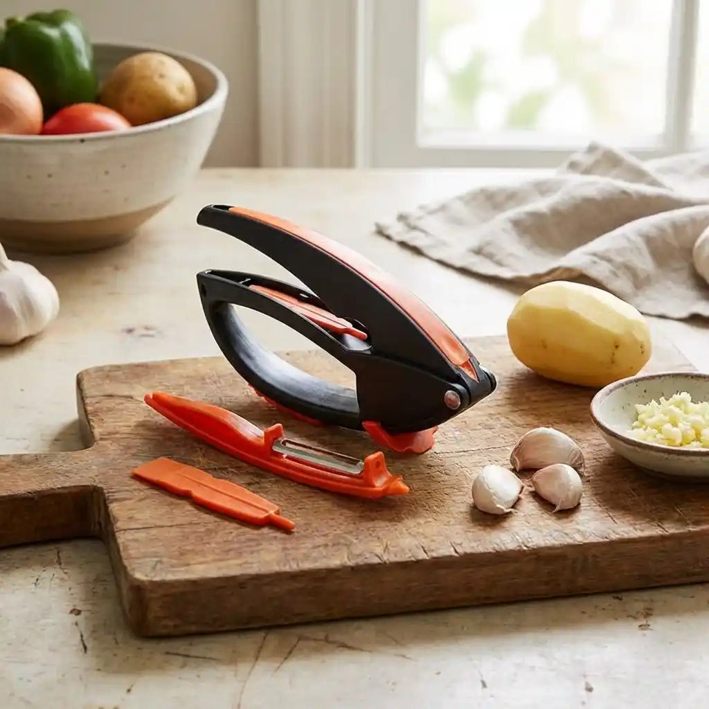Garlic crushing tool with orange scrapers and black base on wooden board with garlic