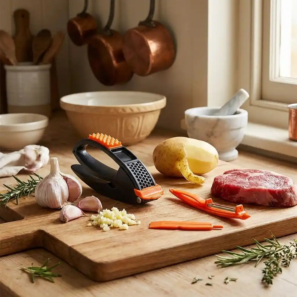 Garlic crushing tool with black and orange design beside garlic cloves and kitchen tools