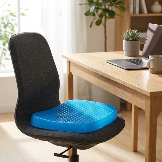 Ergonomic seat cushion with black cover and blue egg-crate gel insert