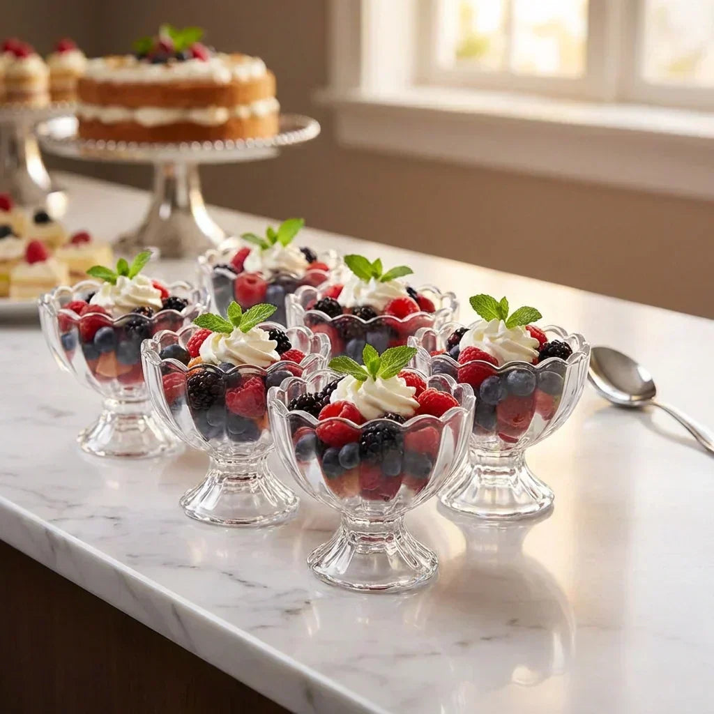 Glass dessert bowls with berry dessert and mint garnish