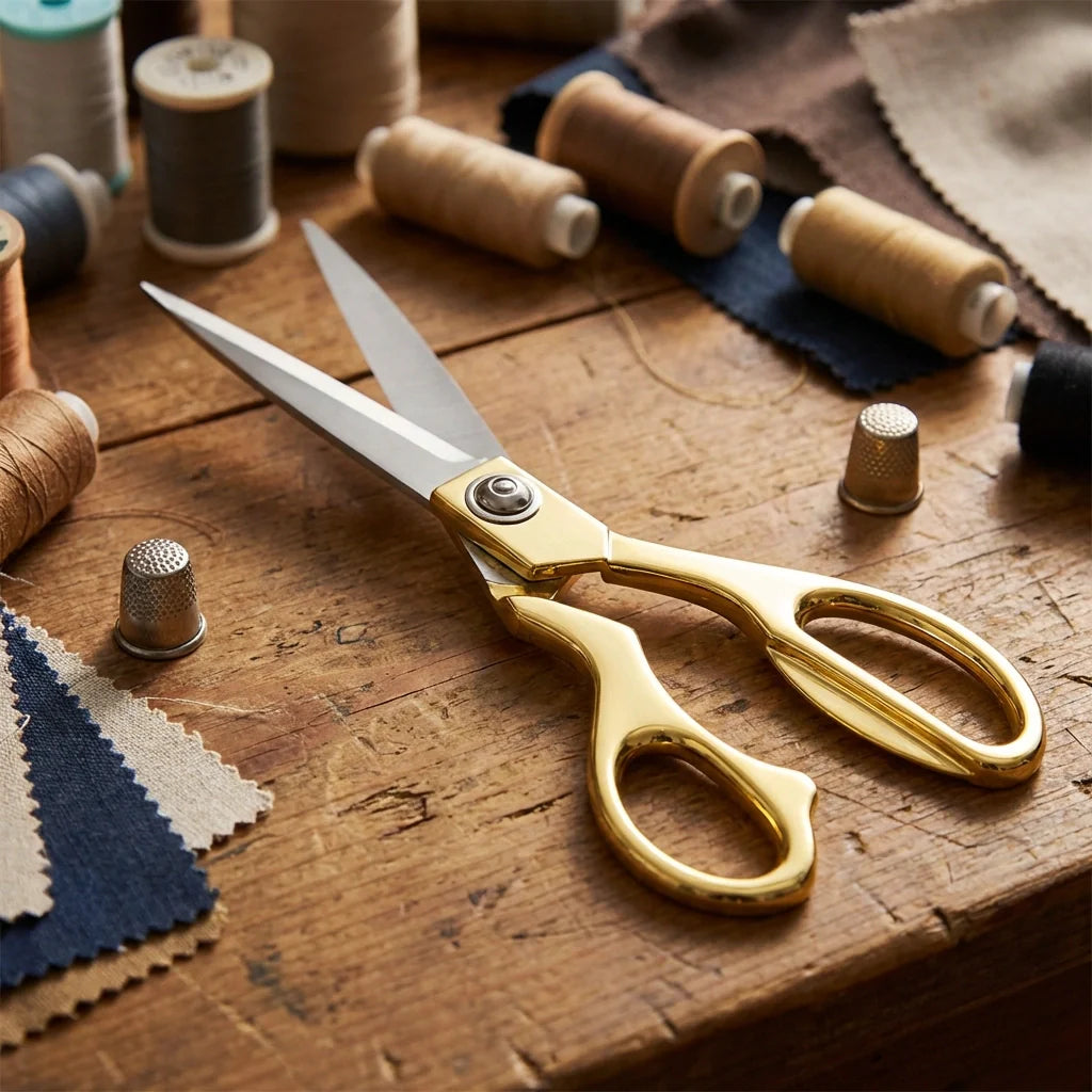 Gold fabric scissors with silver blades on wooden table