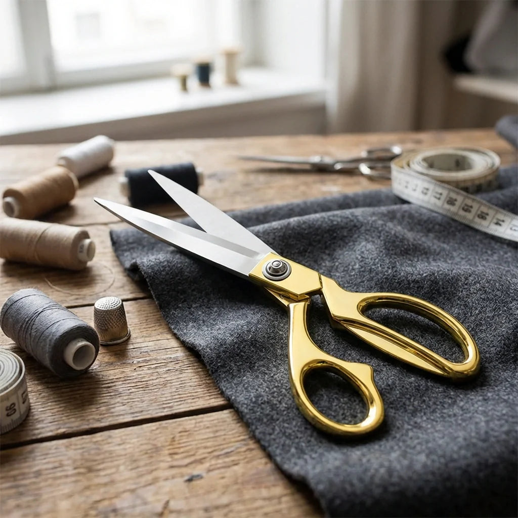 Gold fabric scissors with silver blades on gray cloth