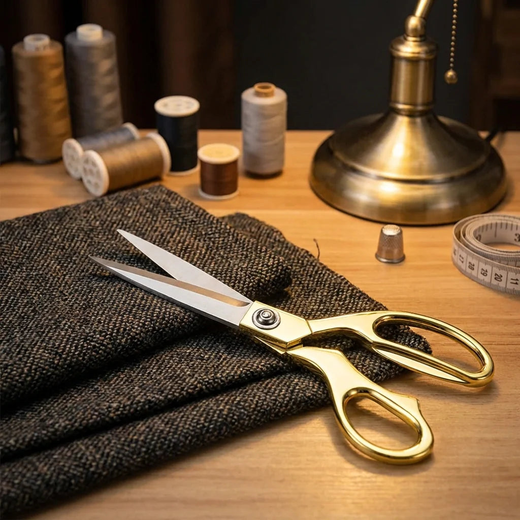 Gold fabric scissors with silver blades on woven dark fabric