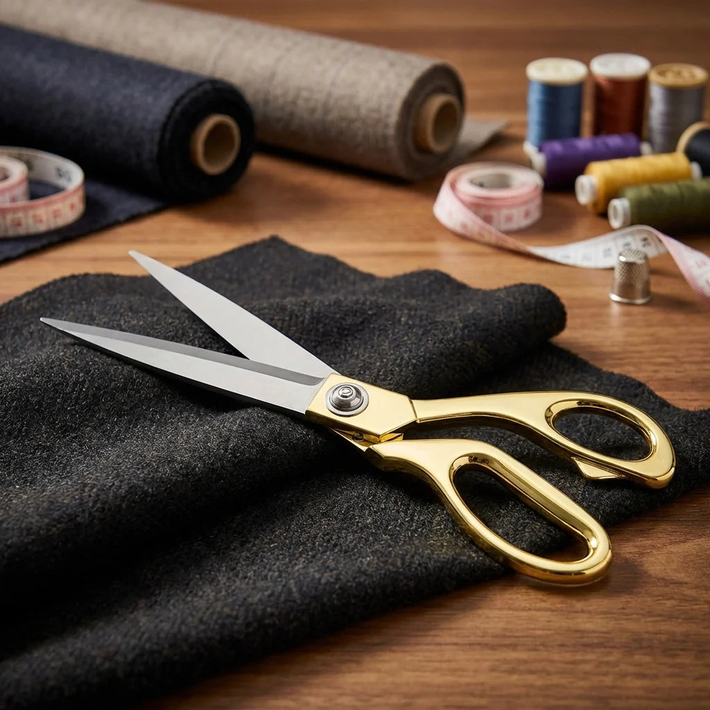 Gold fabric scissors with silver blades on dark fabric