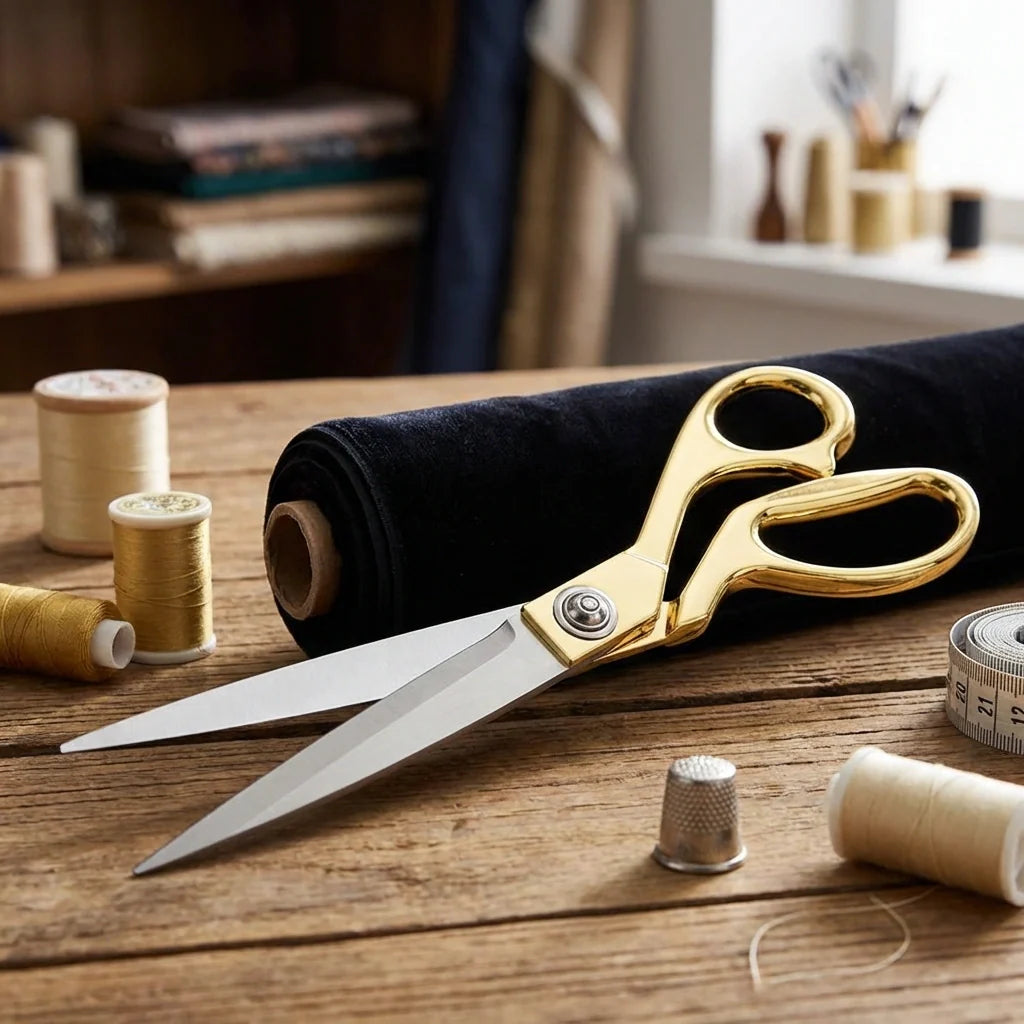 Gold fabric scissors on a wooden surface