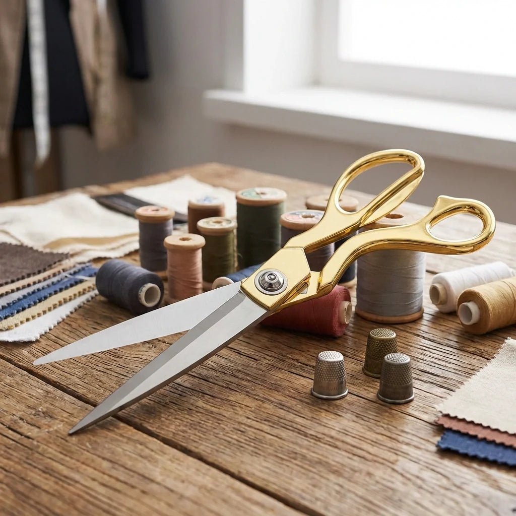 Gold dressmaking scissors with silver blades