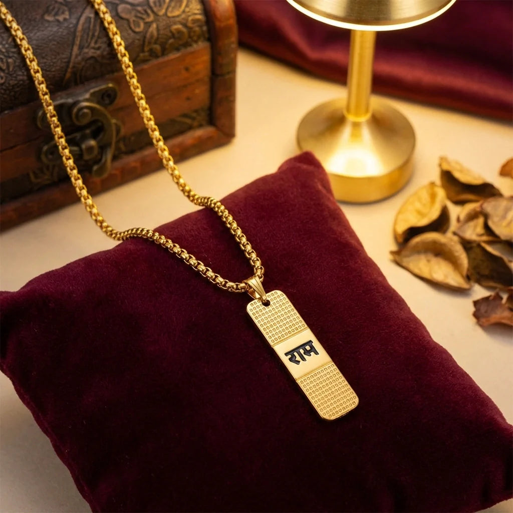 Gold-plated locket necklace with rectangular engraved ram name pendant