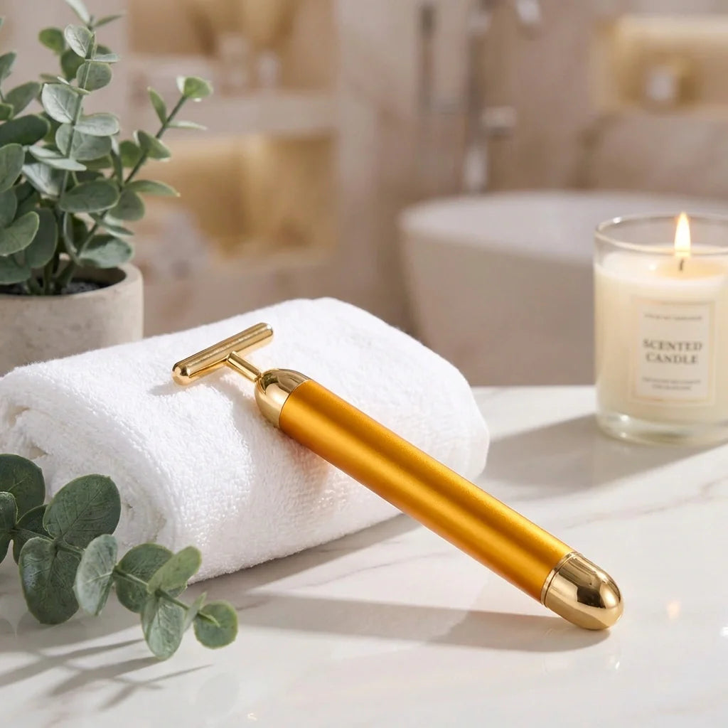 Golden facial massager roller on white towel.