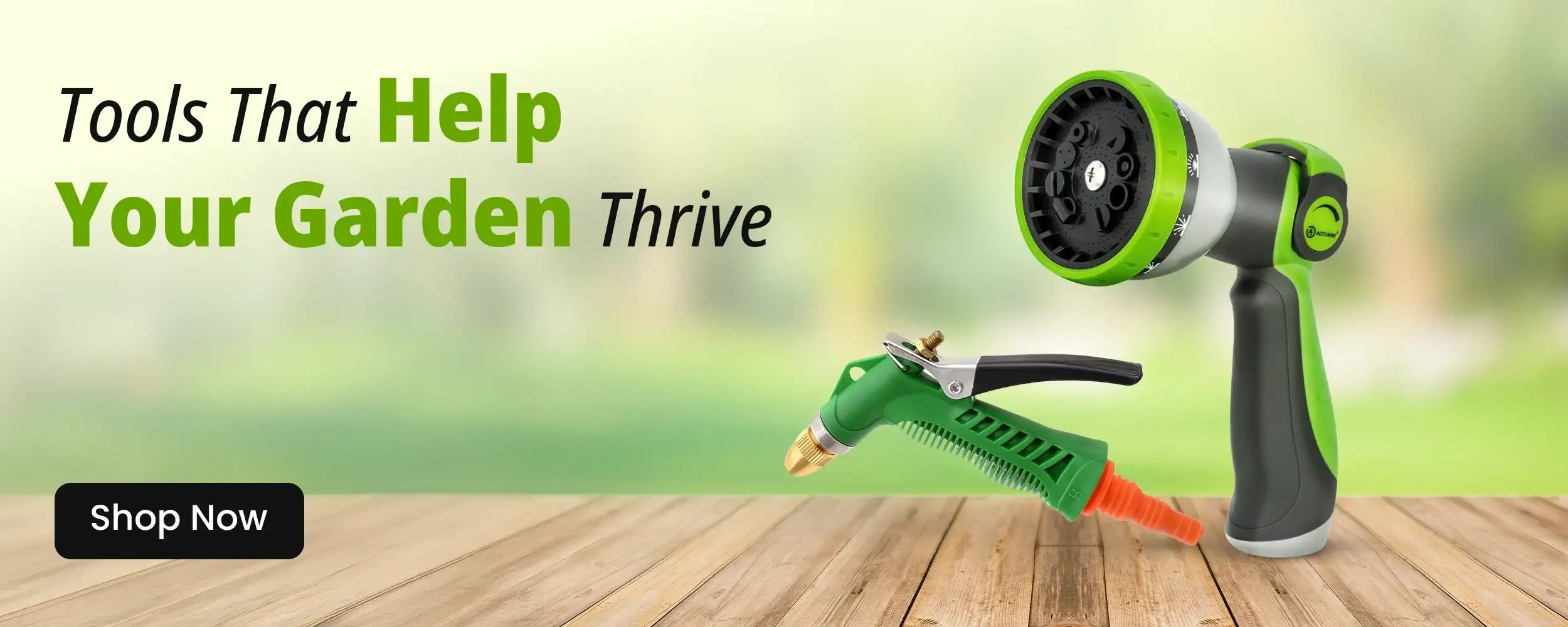 Green and black garden hose nozzle with adjustable spray settings, durable plastic construction.