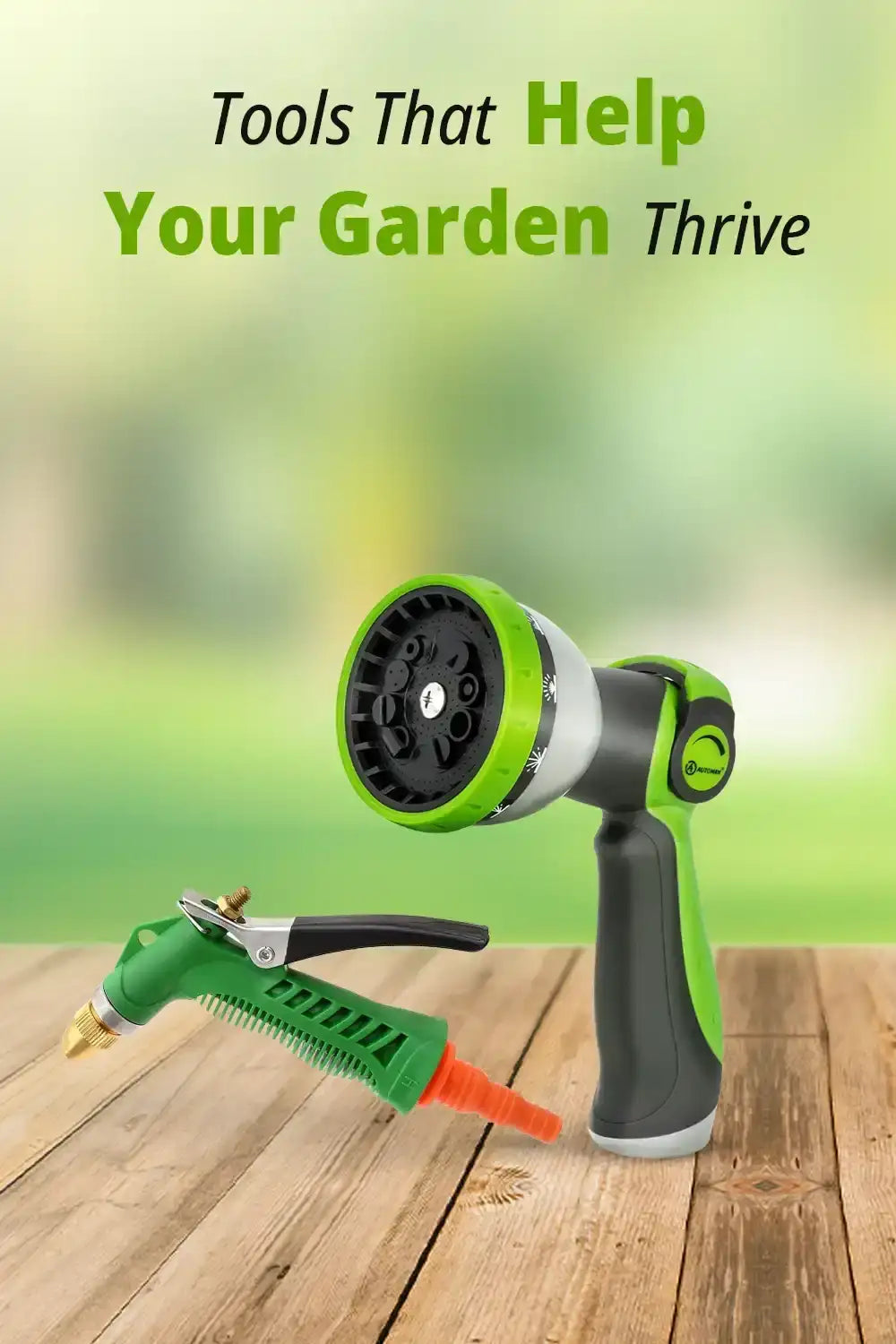 Green and black garden hose sprayer with adjustable nozzle design, durable plastic construction.
