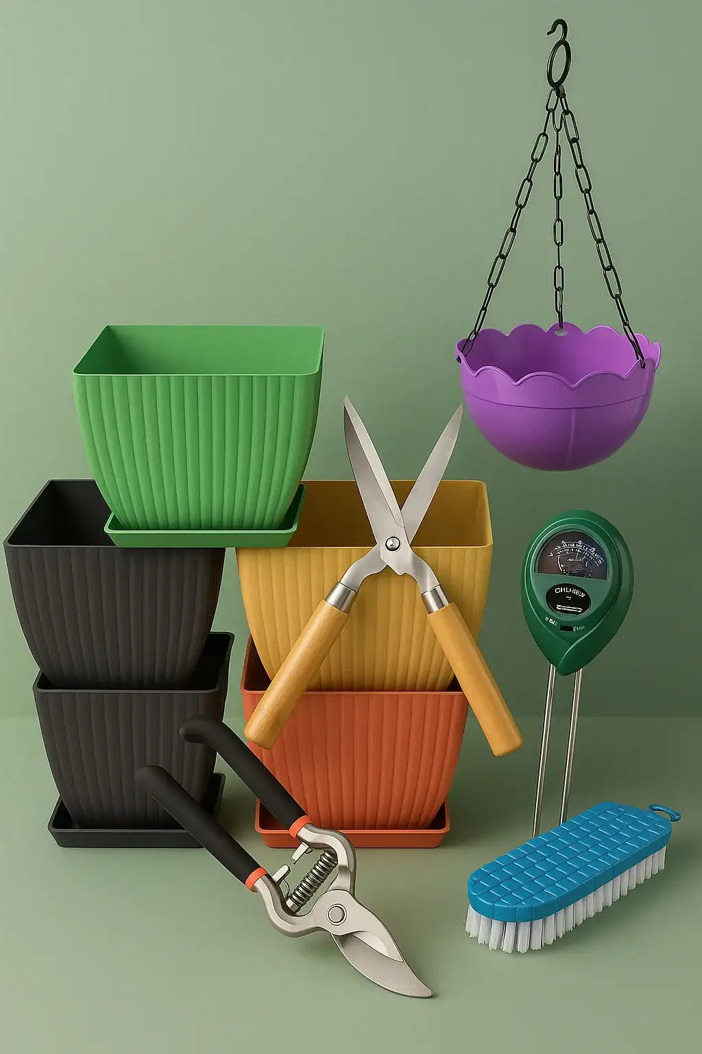 Green ribbed plastic planter box set with black handles and matching trays.