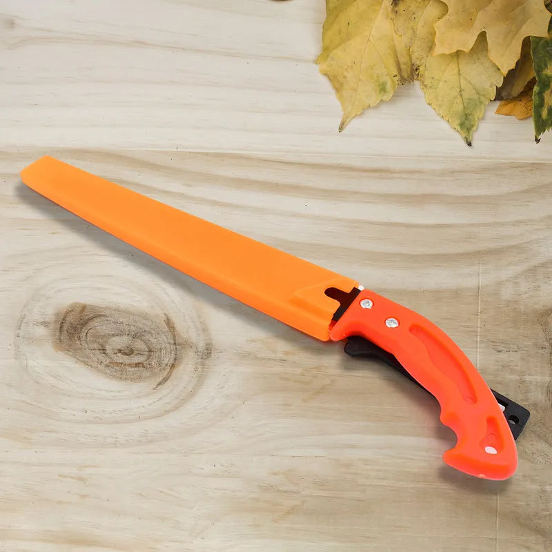 Hand pruning saw with orange sheath and orange handle, black blade