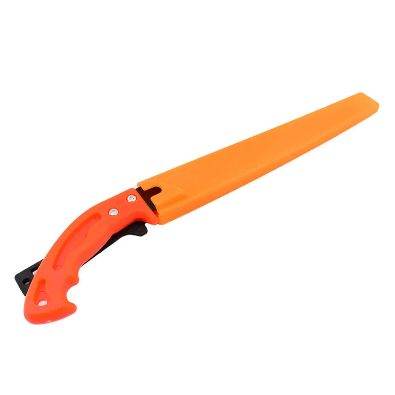 Hand pruning saw with orange guard and orange handle, black blade