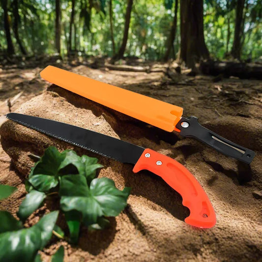 Hand pruning saw with orange cover and orange handle, black serrated blade