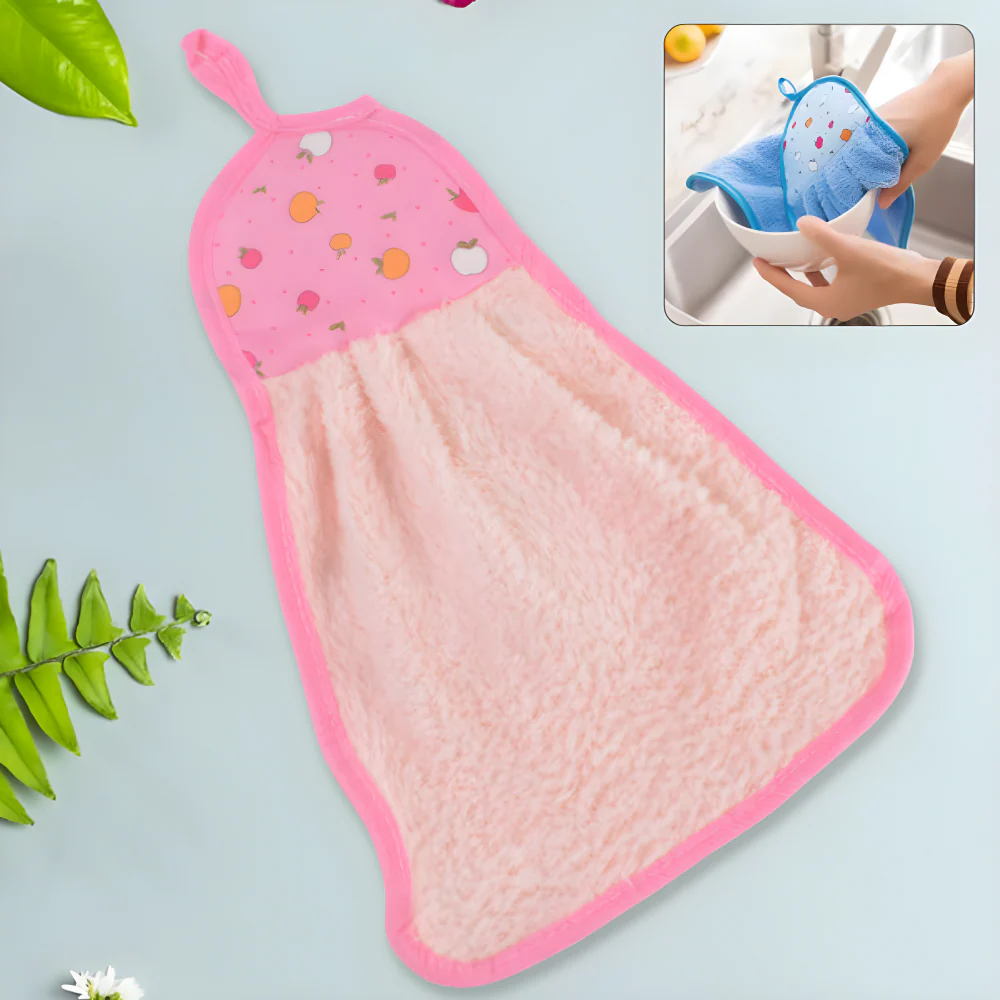 Pink hanging microfiber towel with multicolor speckle pattern, triangular shape