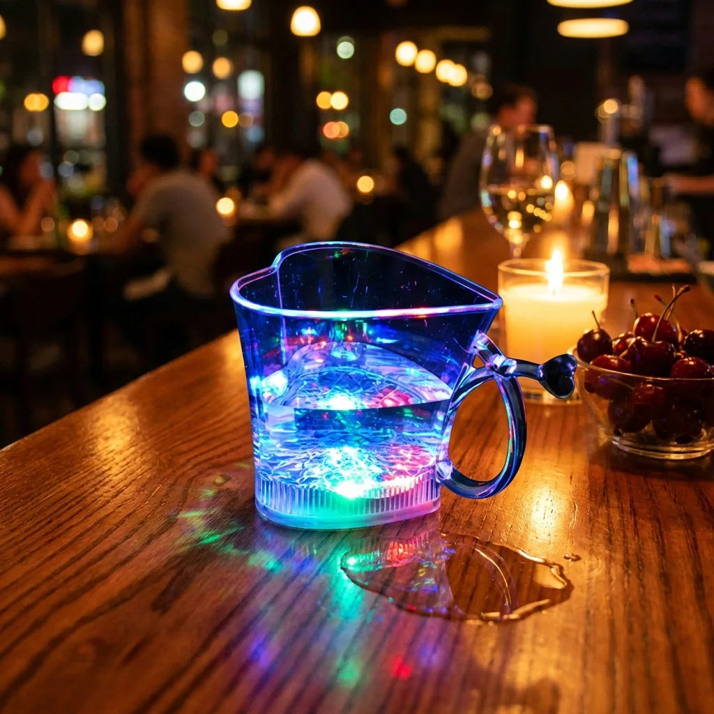LED party mug with heart-shaped handle, glowing blue light