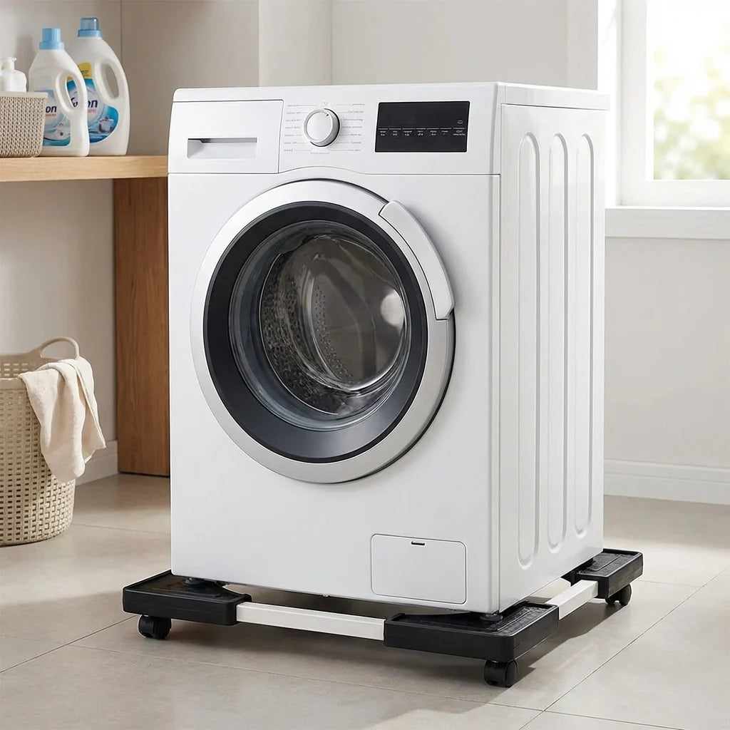 Heavy-duty adjustable appliance stand with base rails under a washing machine