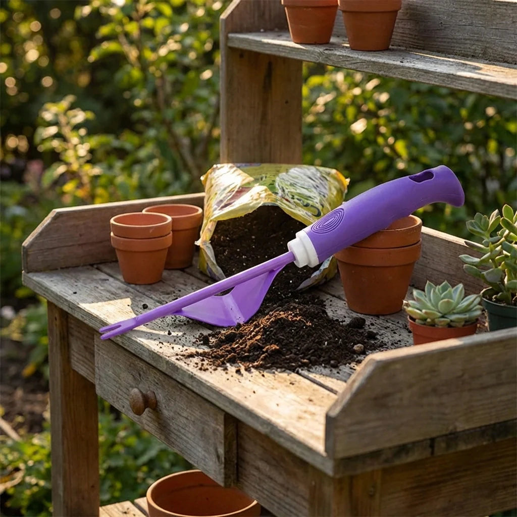 Garden trowel with purple handle and metal blade in a planter