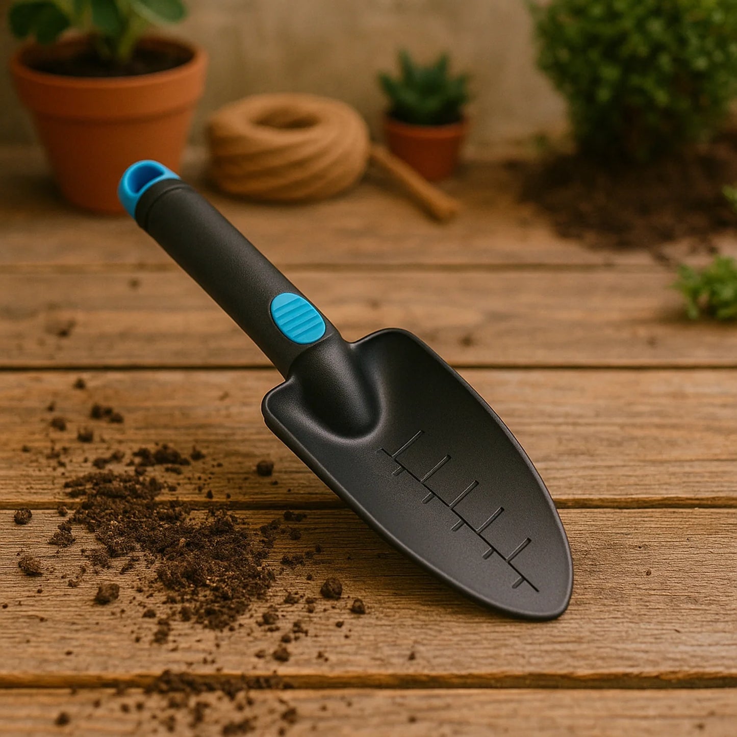 Heavy duty gardening trowel with dark handle and blue grip, pointed steel blade with markings