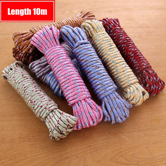 Heavy-duty nylon rope bundle, tightly coiled, assorted red, blue, beige, pink, gray
