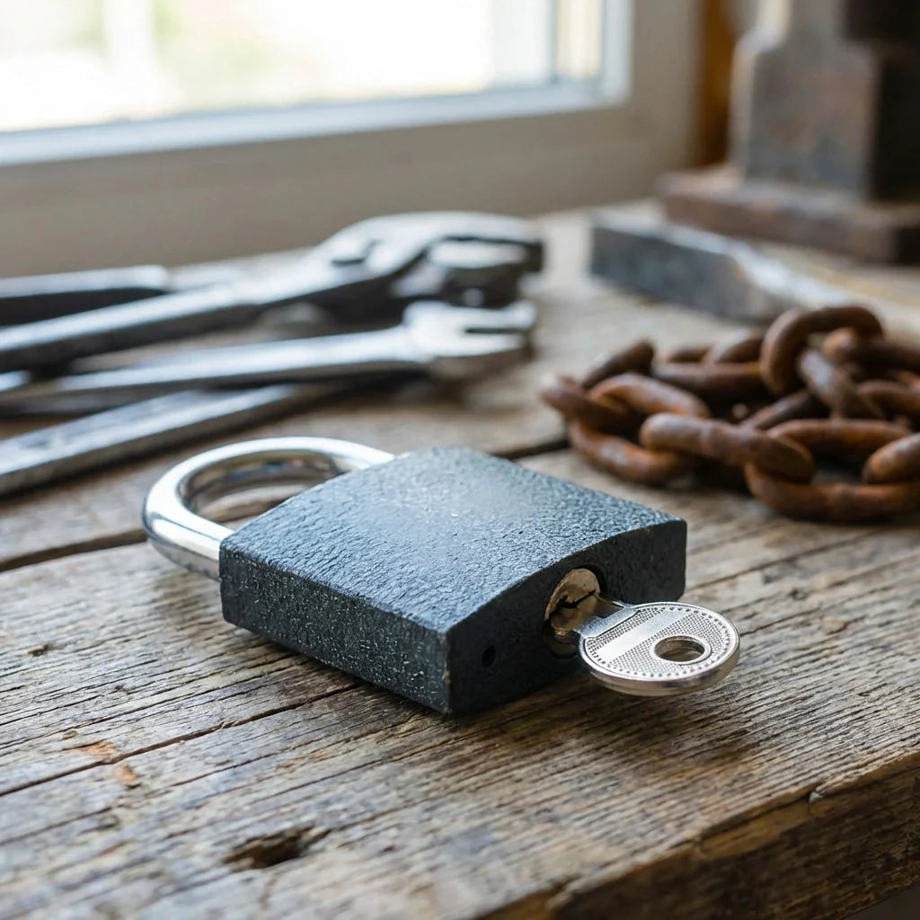 Heavy iron padlock with dark metal body and visible key, on a wooden surface.