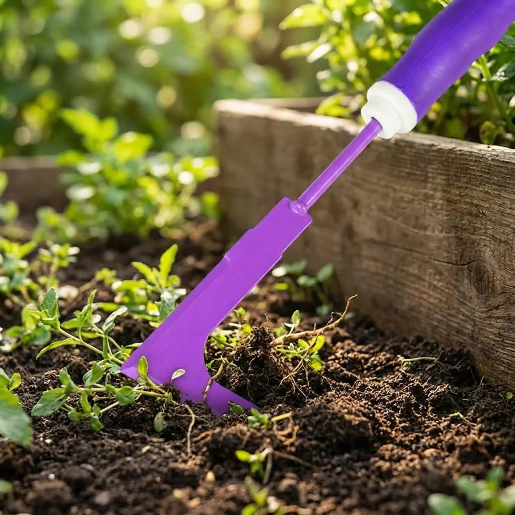 Purple garden hand cultivator with white grip
