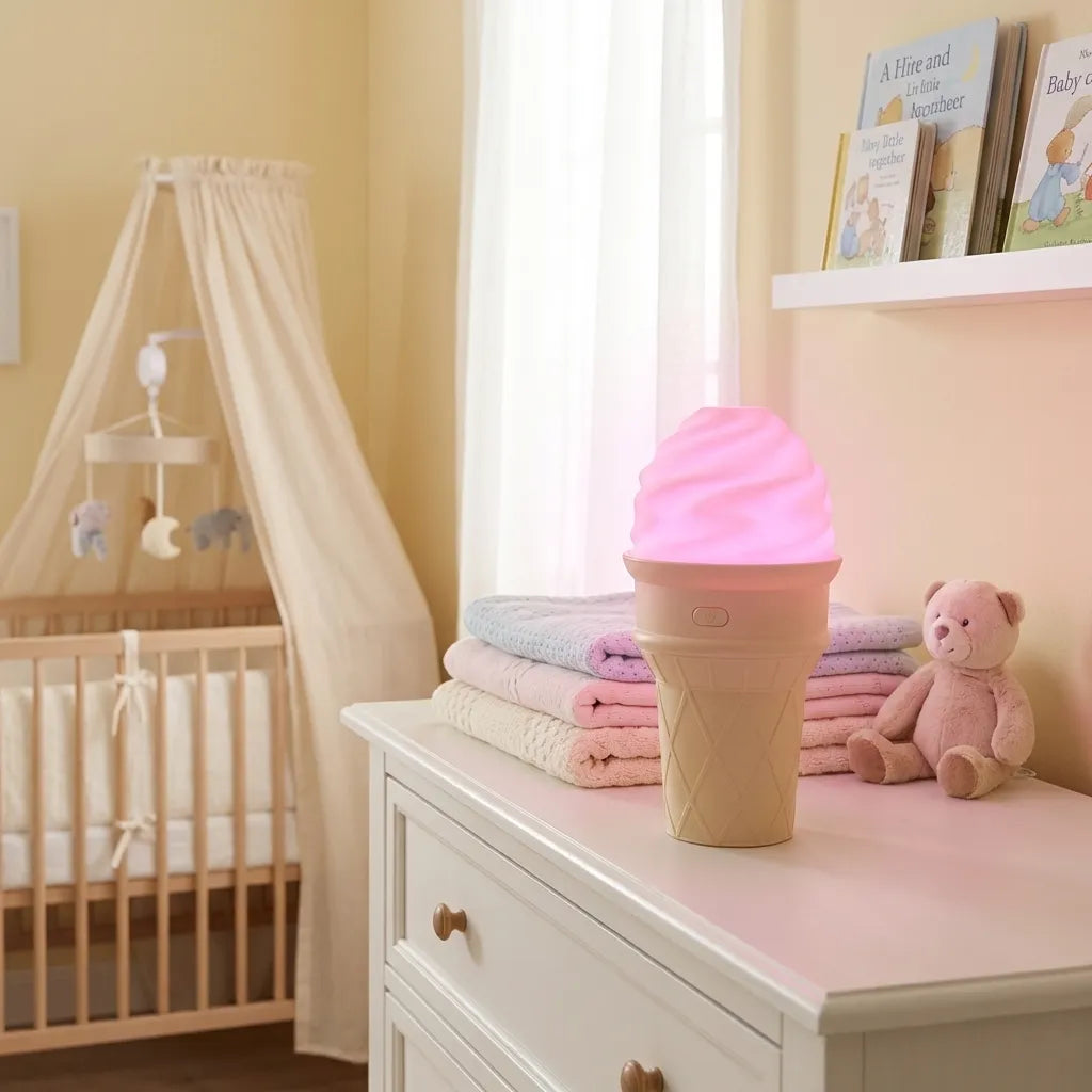 Ice cream-shaped LED humidifier with pink swirled top and cone base