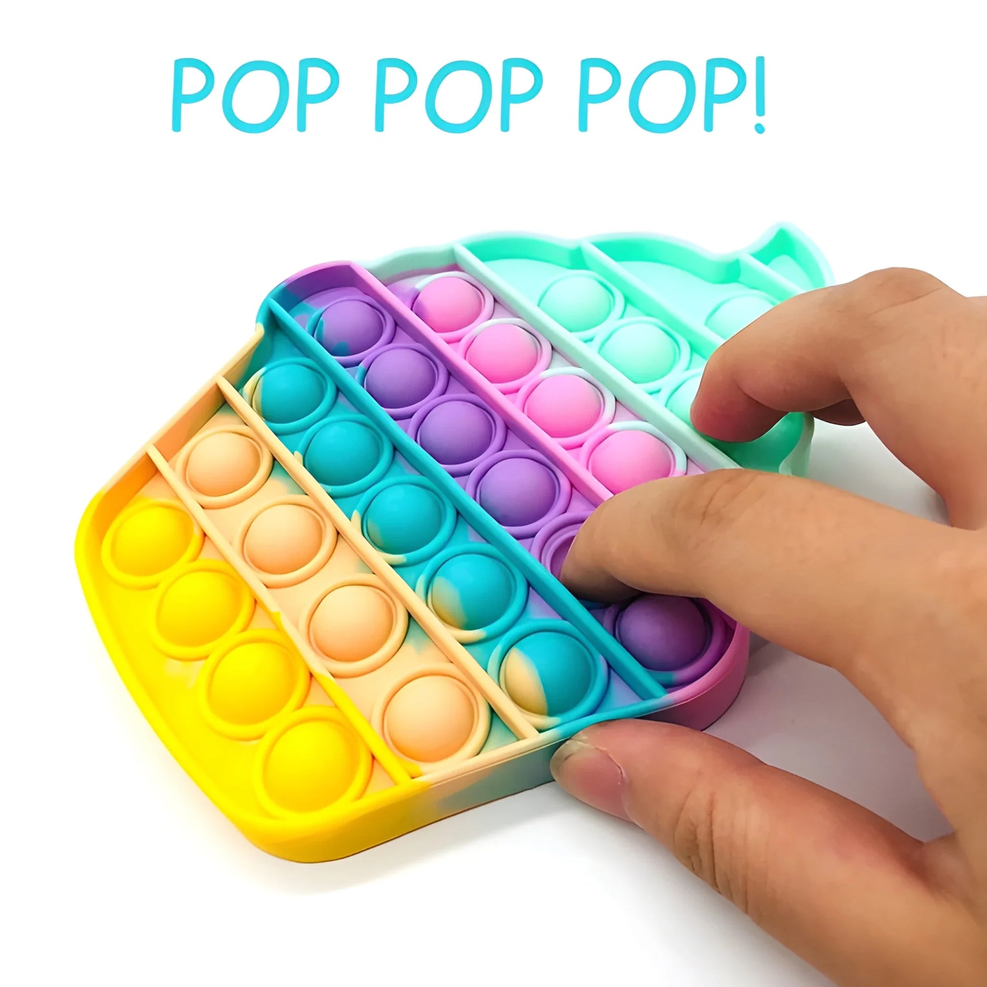 Ice cream shaped pop fidget with multicolor push bubbles, hand pressing