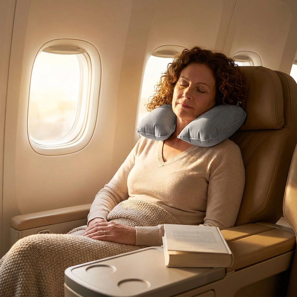 Gray U-shaped inflatable neck pillow with valve cap, on passenger seat