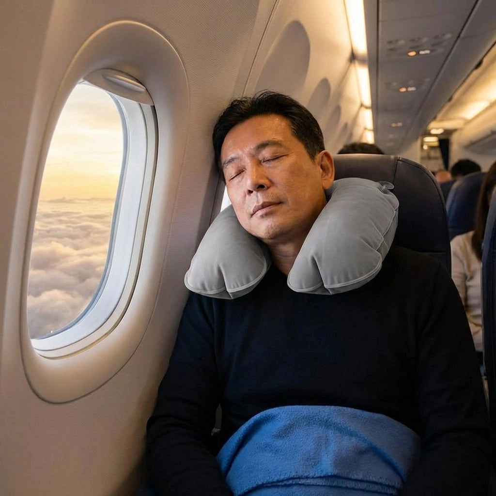 Gray U-shaped inflatable neck pillow on passenger by airplane window