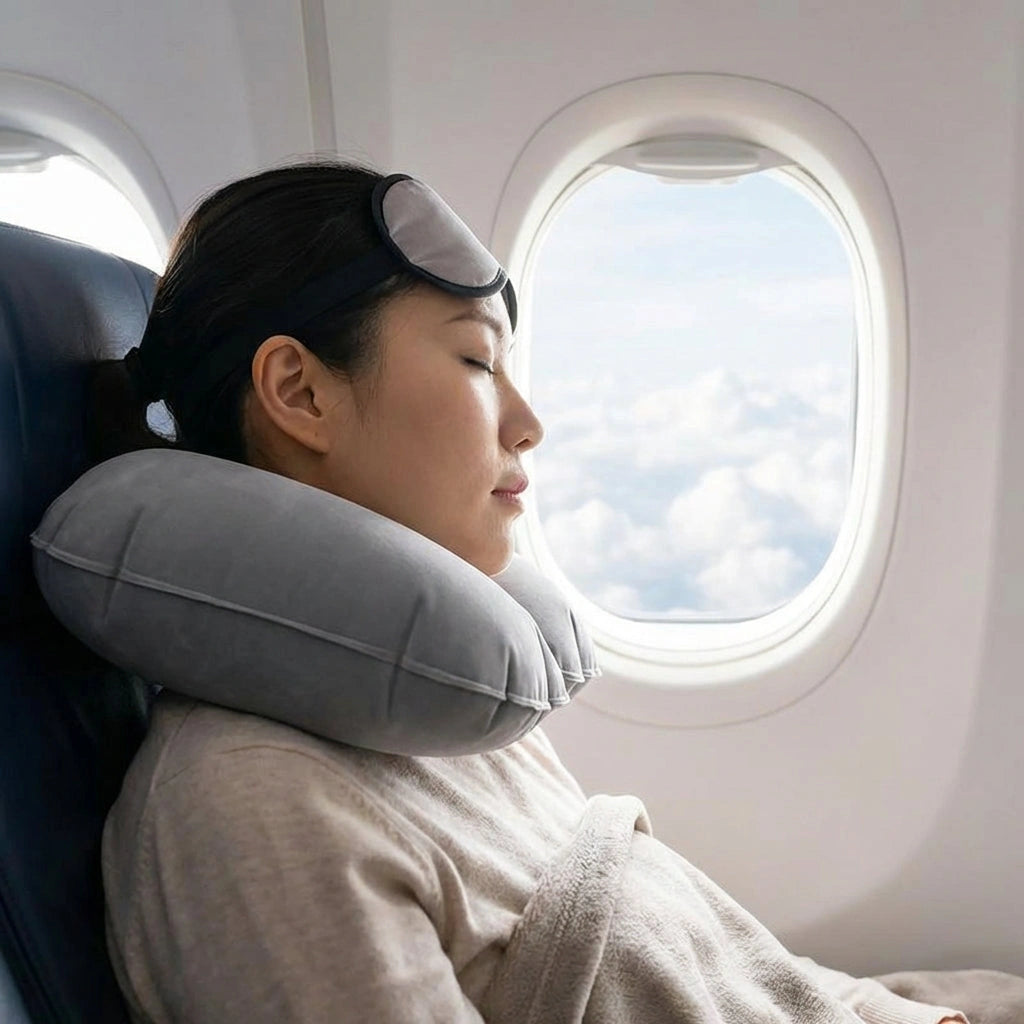Gray U-shaped inflatable neck pillow around passenger’s neck on flight