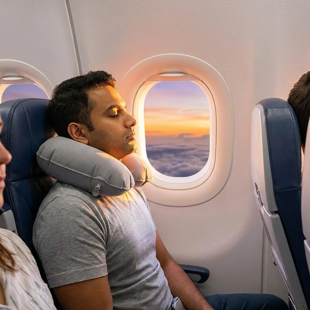 Gray U-shaped inflatable neck pillow on passenger reclining on airplane