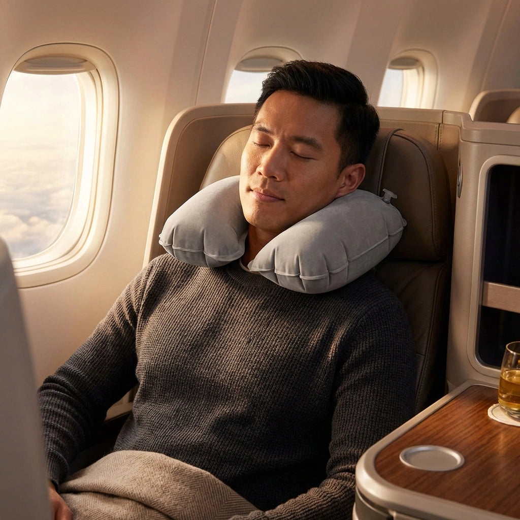 Gray U-shaped inflatable neck pillow around passenger’s neck on plane