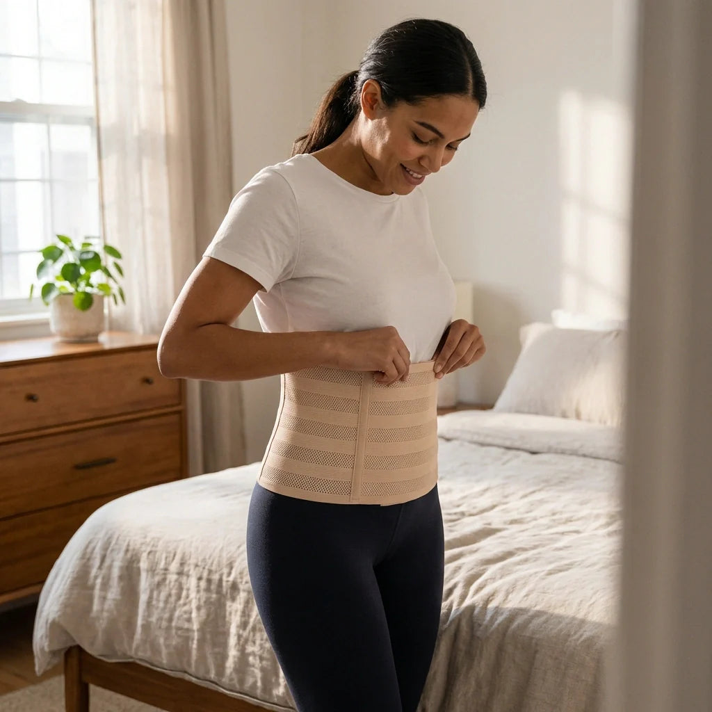 Beige waist shaper belt with structured compression panels at the waist