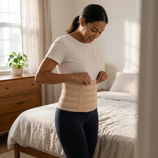 Beige waist shaper belt with structured compression panels at the waist
