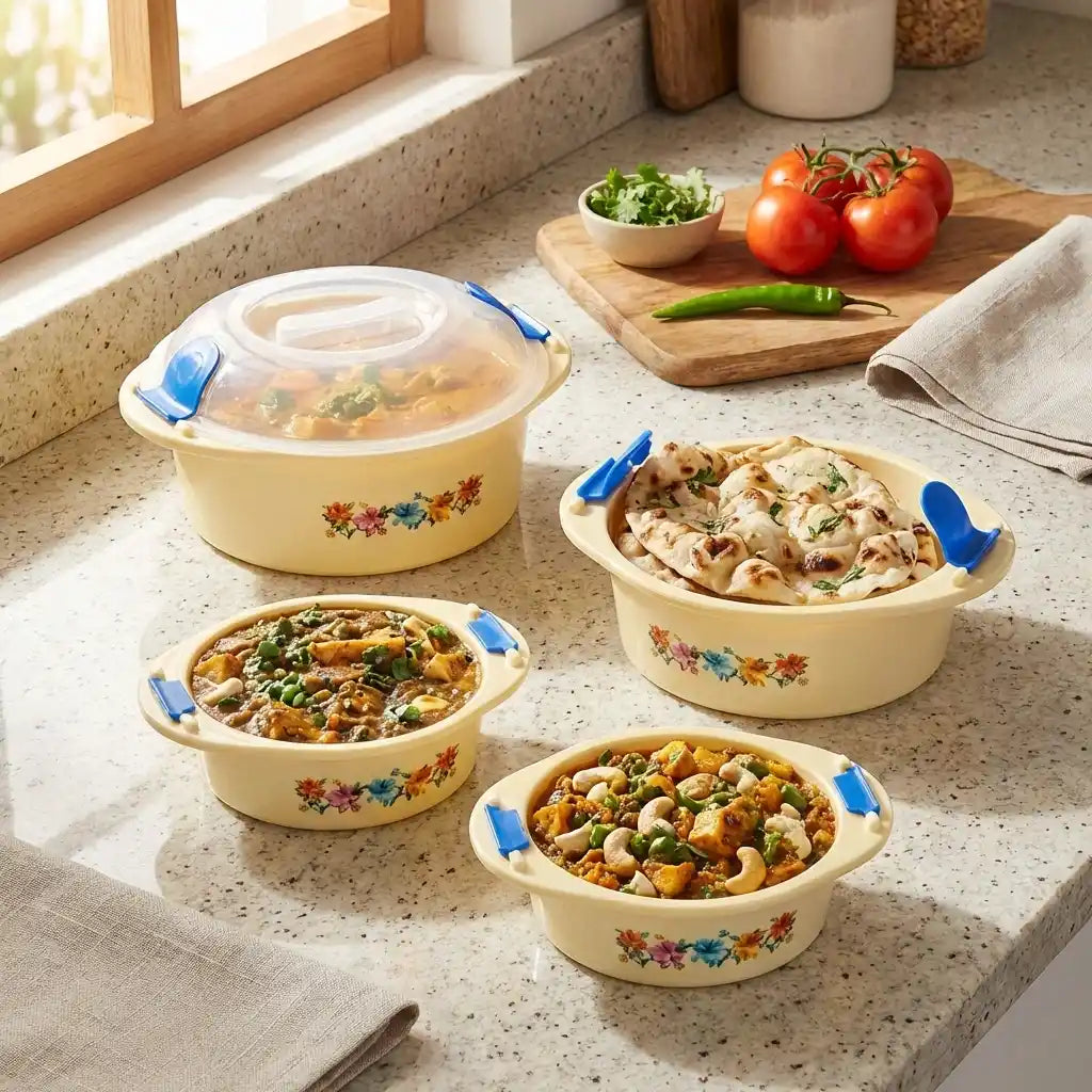 Insulated casserole gift set with four cream baking dishes and blue handles