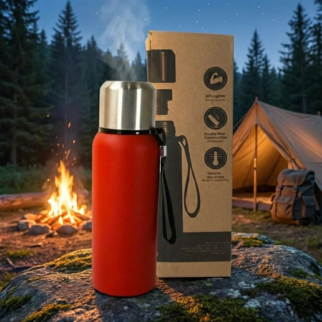 Insulated stainless steel bottle with red body, silver cap, and brown product box.