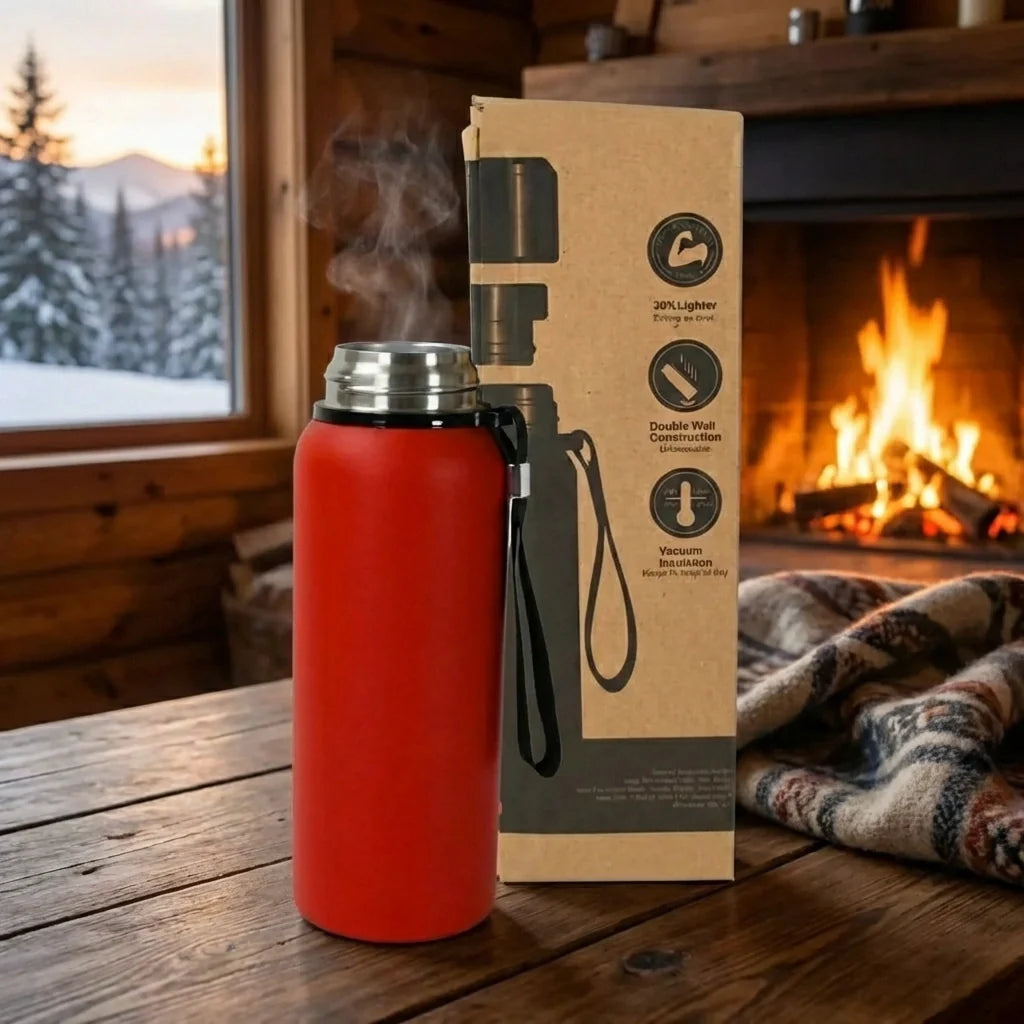 Insulated stainless steel bottle, red body with silver cap and black carry loop.