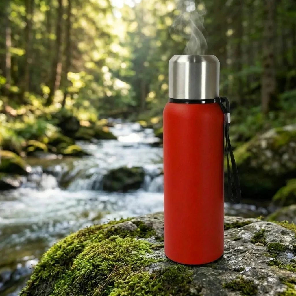 Insulated stainless steel bottle with red body, silver top, and black carry loop.