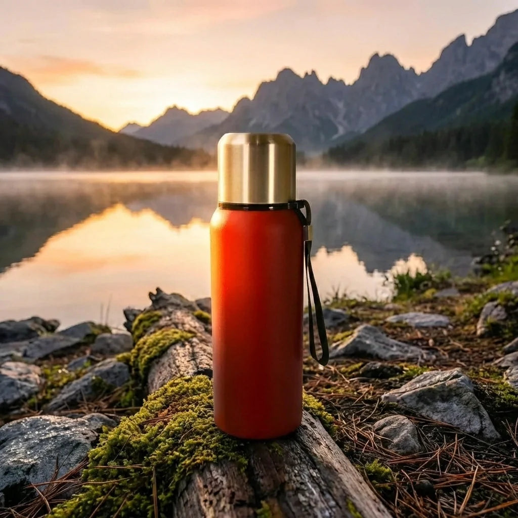 Insulated stainless steel bottle with red body, silver top, and black carry loop.