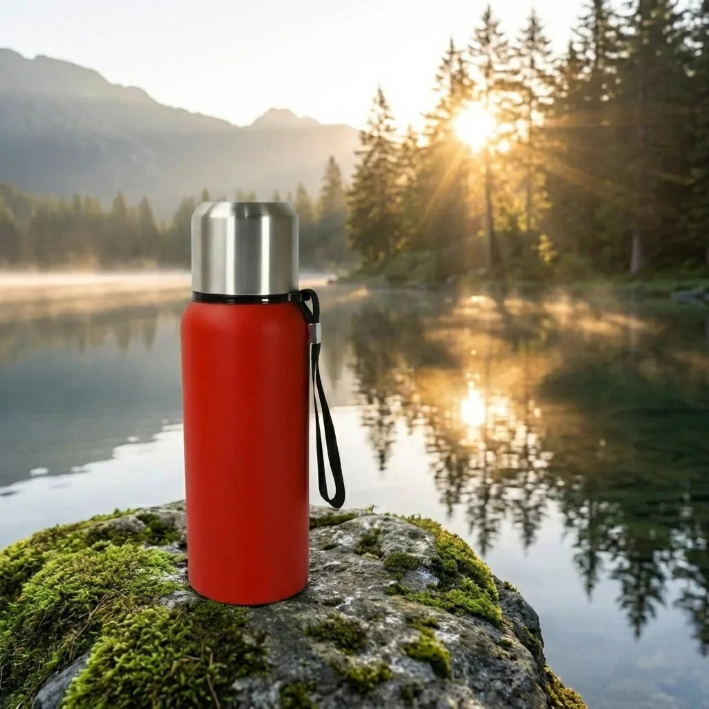 Insulated stainless steel bottle with red body and silver lid, black wrist loop.
